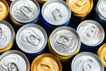 Group of aluminium cans, cold drink. Top view.