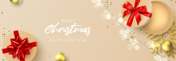 Fototapeta na wymiar Merry Christmas and Happy New Year banner. Holiday background with round gift boxes, Christmas balls, light garlands, golden snowflake and confetti. Vector illustration.