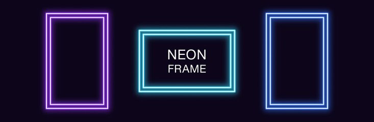 Neon rectangle Frame. Set of rectangular neon Border with double outline - obrazy, fototapety, plakaty