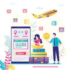 Couple looking tickets online. Man and woman buying tickets via mobile phone. Male character holds money.