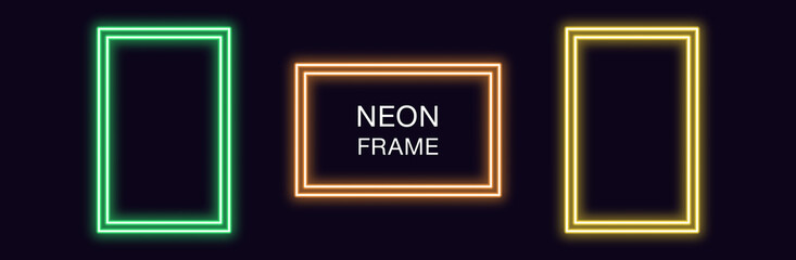 Neon rectangle Frame. Set of rectangular neon Border with double outline