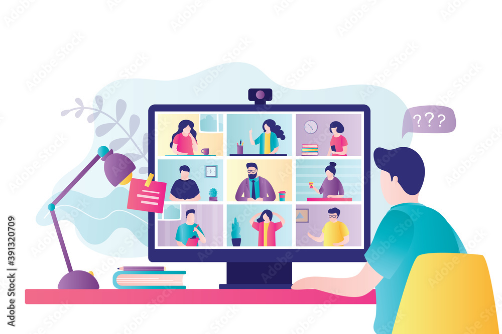 Wall mural businessman talking to people on video conference. various humans on computer screen communicate wit