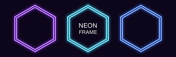Neon hexagon Frame. Set of hexagonal neon Border with double outline