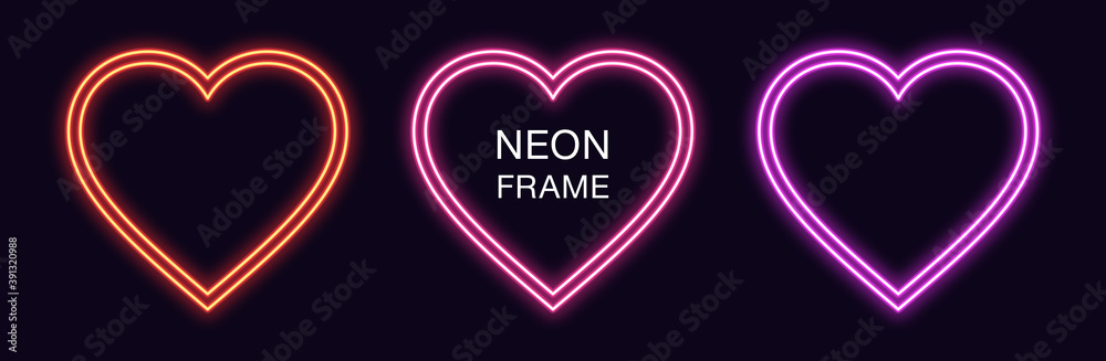 Wall mural neon heart frame. set of romantic neon border with double outline