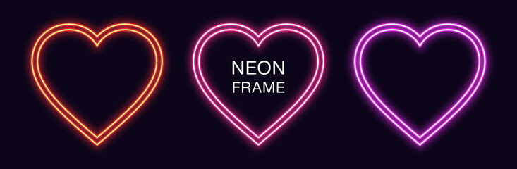 Neon heart Frame. Set of romantic neon Border with double outline