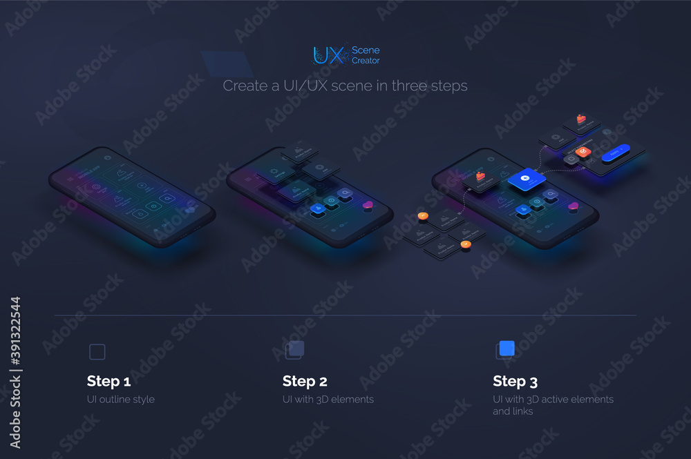 Fototapete User experience. Smartphone mockup on black background with interactive user interface. The process of creating a mobile application. Website wireframe for mobile apps with active layers and links