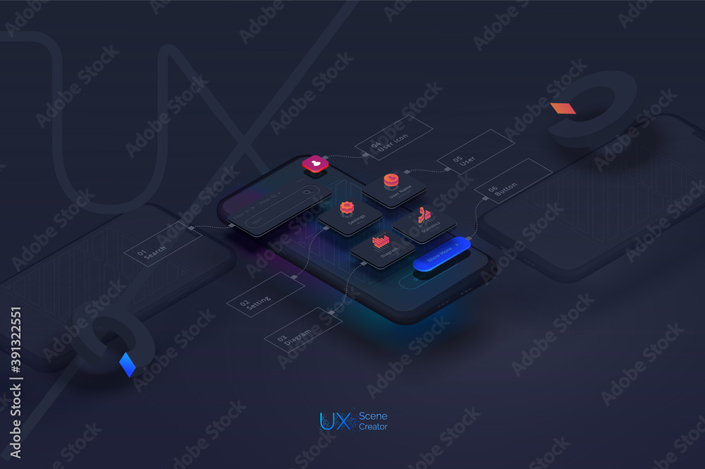 Poster user experience. smartphone mockup on black background with interactive user interface. the process 