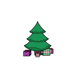 christmas tree with gifts isolated on white background cartoon style, holidays gifted child 