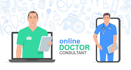 Online consultation doctor. Consultation to the doctor via smartphone and laptop. Online medical consultation and support. Healthcare services. Flat Style