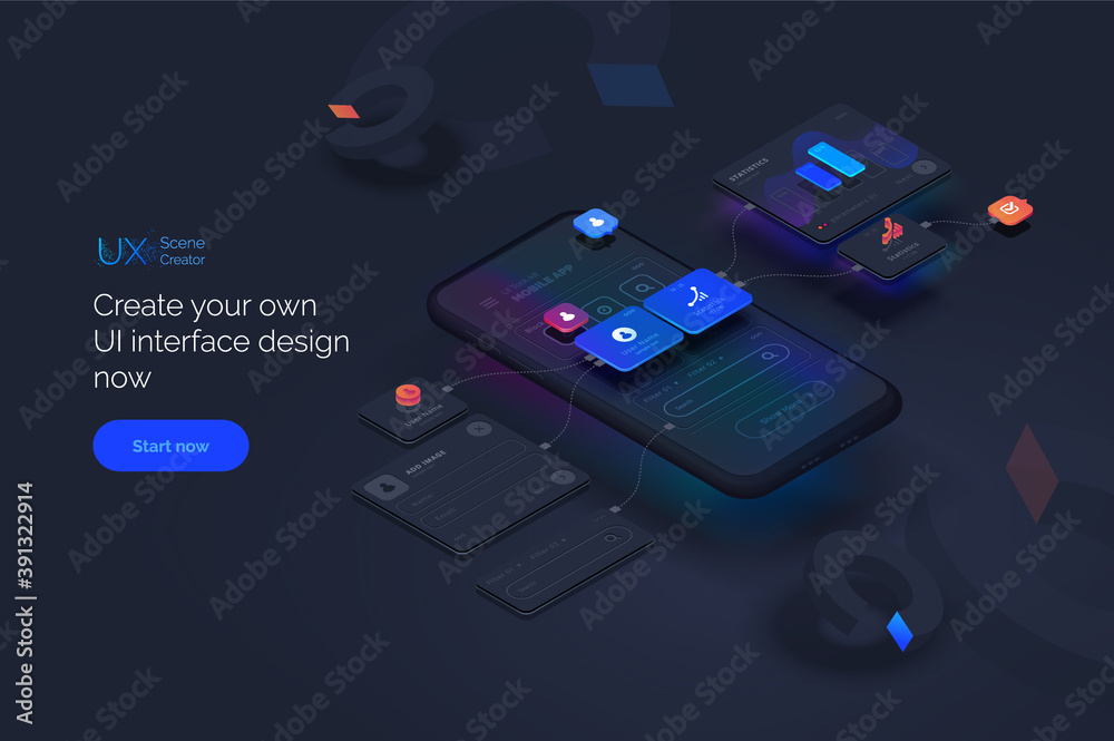 Poster user experience. smartphone mockup on black background with interactive user interface. the process 