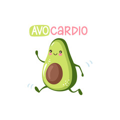 Avo Cardio. Cute cartoon avocado character running, doing sport.
