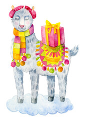 Llama with fur headphones stands on a cloud