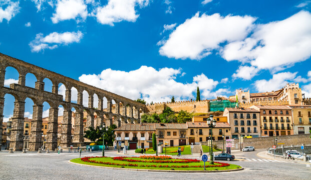 Ancient roman aqueduct of Segovia in Castile and Leon, Spain