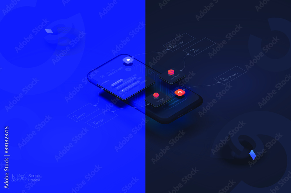 Poster user experience. smartphone mockup on black background with interactive user interface. the process 