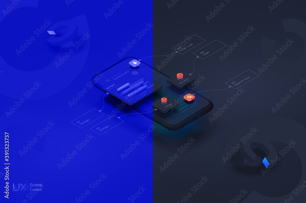 Poster user experience. smartphone mockup on black background with interactive user interface. the process 