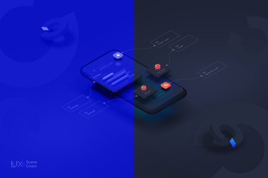 User experience. Smartphone mockup on black background with interactive user interface. The process of creating a mobile application. Website wireframe for mobile apps with active layers and links