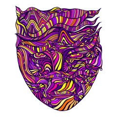 Multicolor bizarre surreal psychedelic  anthropomorphic face with many patterns,isolated on white background