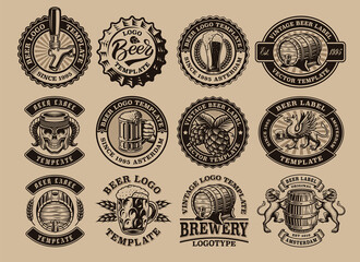 A bundle of black and white vintage beer emblems, these design can be used as a logo template for a brewery or for a bar as well as for many other uses.