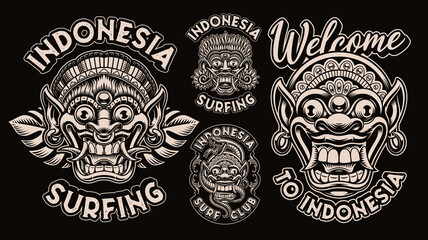 A bundle of black and white emblems with traditional Bali masks, these designs can be used as shirt prints for an Asian theme.