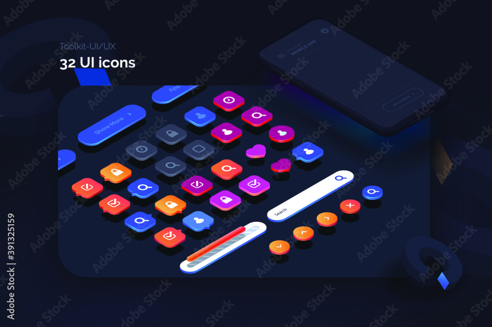 Poster Toolkit-UI/UX scene creator. Mobile application design. Smartphone mockup with active blocks and connections. Creation of the user interface. Modern vector illustration isometric style