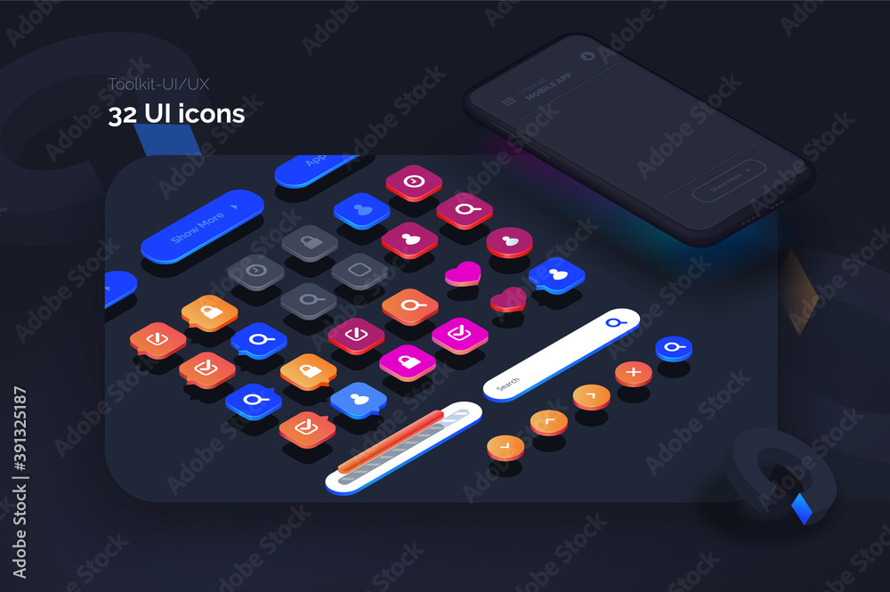 Poster Toolkit-UI/UX scene creator. Mobile application design. Smartphone mockup with active blocks and connections. Creation of the user interface. Modern vector illustration isometric style