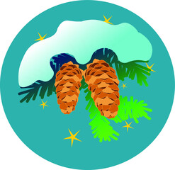 A spruce branch with cones under the snow. Vector 2D illustration for winter postcard, banner, sticker.