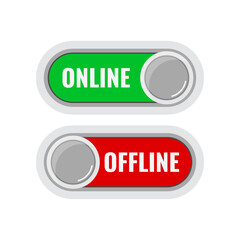 Online and offline contact or work icon set isolated on white background. Green online live and red offline button indicators with round slider collection. Flat design cartoon style vector illustation