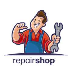 logo repair shop with cartoon mechanic