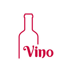 Logotipo con tipografía Vino en español en mitad botella de vino con líneas en color granate