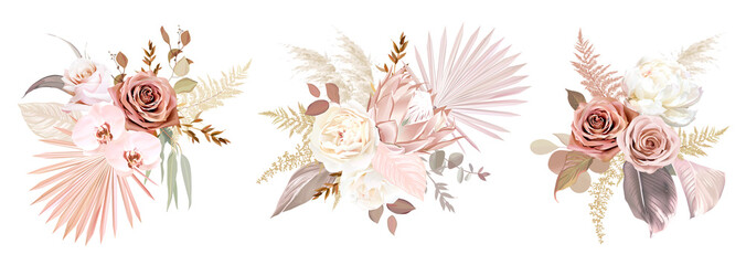 Trendy dried palm leaves, blush pink and rust rose, pale protea © lavendertime