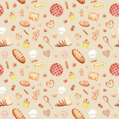 Watercolor seamless pattern with bakery elements