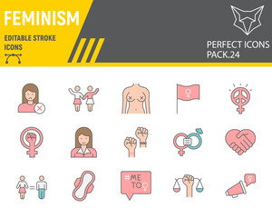 Feminism color line icon set, gender equality collection, vector sketches, logo illustrations, feminism icons, equal rights signs filled outline pictograms, editable stroke.
