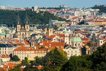 Fototapeta na wymiar Prague, Czech republic - September 19, 2020. View on main towers in downtown with Tyn, Charles Bridge and others in Old Town