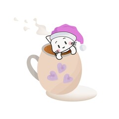 Cute kitten in a pink cap sits in a coffee mug with tender hearts.
Conceptual vector illustration on white background.