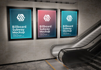 3 Vertical Glowing Billboards in Subway Station Mockup