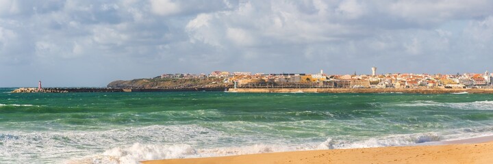 Panorama of Supertubos beach in Peniche, Portugal