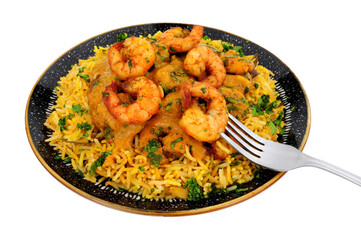 King prawn curry and rice meal isolated on a white background