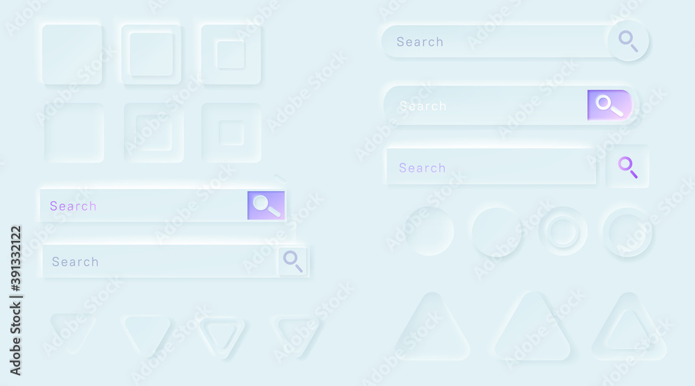 Poster neumorphic buttons for ui app. vector 3d design elements for user interface, blank circle, triangle 