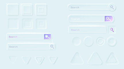 Neumorphic buttons for ui app. Vector 3d design elements for user interface, blank circle, triangle and square soft icons, web forms and search bars for blue website or application background