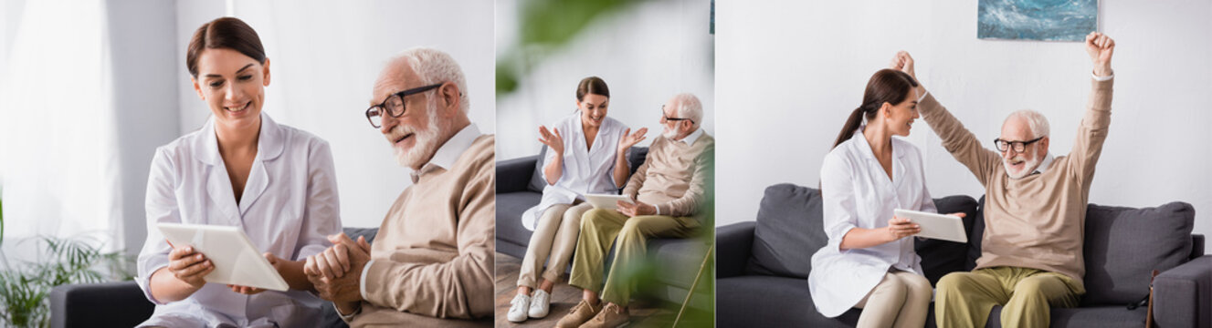 Collage Of Social Worker Showing Digital Tablet To Aged Man While He Showing Winner Gesture, Banner