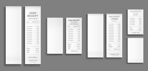 Shop receipts, paper cash checks. Vector realistic mockup of purchase bills, blank and printed invoices on white paper. Shopping cheques isolated on gray background