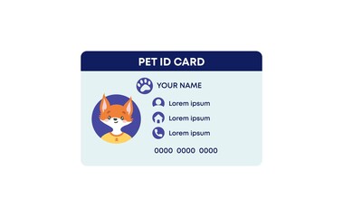 Pet ID card template. identification card animal with photo characteristics and vaccinations secure pass with personal owners phone character information plastic vector data badge ID.