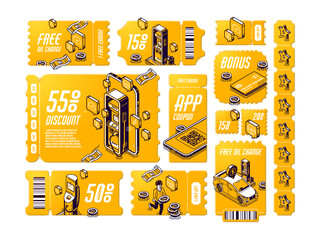 Isometric discount coupons for free oil change, tear-off gift vouchers for car service, off price certificates with gas station and coins, 3d vector line art tickets, offer for vehicle maintenance set