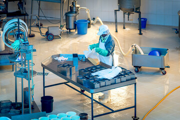 Guaranda, Bolivar province, Ecuador / November 2013: Workers in a cheese factory preparing molds for the process, surrounded by equipment and utensils.