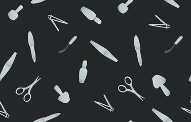 Seamless pattern with a set of manicure tools on a black background. Suitable for beauty salon, nail service, design design, interior, work form, paper.