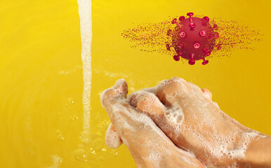 hand washing and stylized image of coronavirus