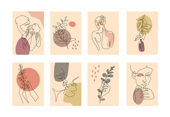 Modern abstract portrait.  People contour portraits in minimalist line style. Trendy doodle posters, vector set. Illustration contemporary continuous minimalist image.