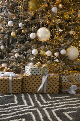 a lot of presents near christmas tree. new year christmas concept, free space	