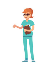 Woman doctor holding clipboard. Female doctor in green uniform, surgeon or pharmacist standing and smiling, dentist professional medic occupation, flat vector cartoon character