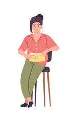 Woman reading modern literature. Female character sitting on chair with book, student girl study knowledge with textbook, self education and library concept vector cartoon illustration
